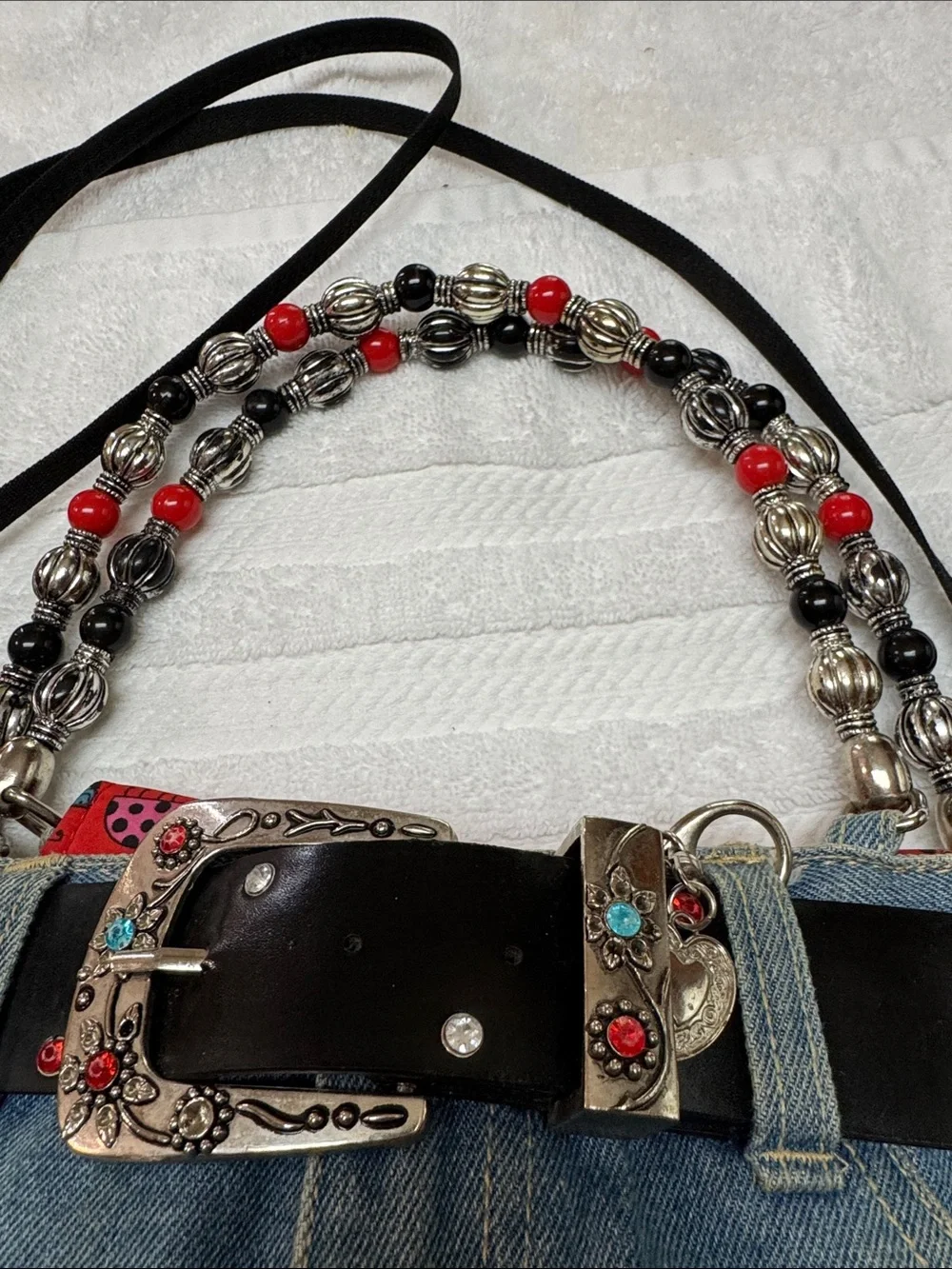 Vintage Rustic Faded Denim Ladybug Shoulder Bag with Beaded Strap. Rare to Find - Picture 2 of 9
